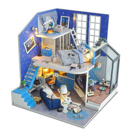 Qfdian DIY Doll House Wooden Doll Houses Miniature Dollhouse Furniture Kit with LED Toys for Children Christmas Birthday Gift