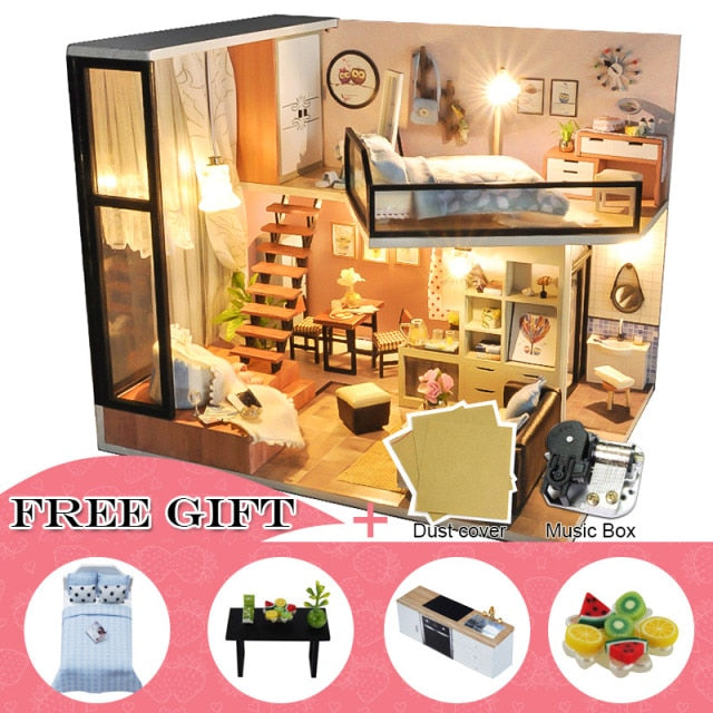 Qfdian DIY Doll House Wooden Doll Houses Miniature Dollhouse Furniture Kit with LED Toys for Children Christmas Birthday Gift