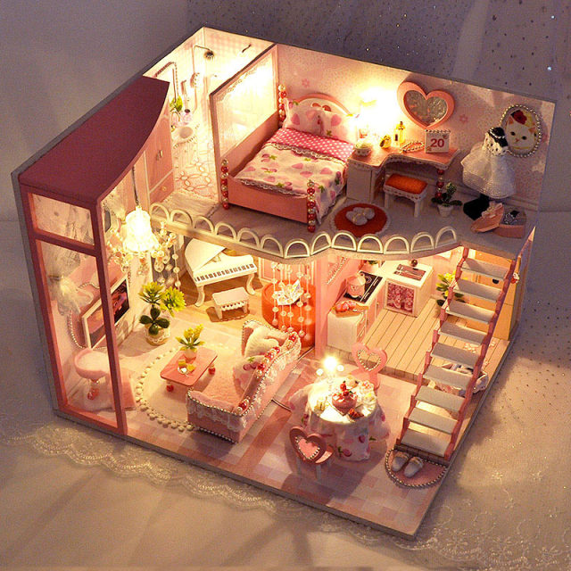 Qfdian DIY Doll House Wooden Doll Houses Miniature Dollhouse Furniture Kit with LED Toys for Children Christmas Birthday Gift