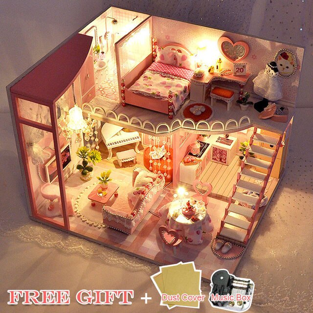 Qfdian DIY Doll House Wooden Doll Houses Miniature Dollhouse Furniture Kit with LED Toys for Children Christmas Birthday Gift