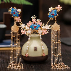 Qfdian Party gifts hot sale new Luxury Fashion Bride Chinese style pearl tassel hairpin haircomb earrings set Xiuhe clothing headdress Hanfu accessories Jewelry