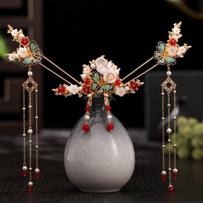 Qfdian Party gifts hot sale new Luxury Fashion Bride Chinese style pearl tassel hairpin haircomb earrings set Xiuhe clothing headdress Hanfu accessories Jewelry