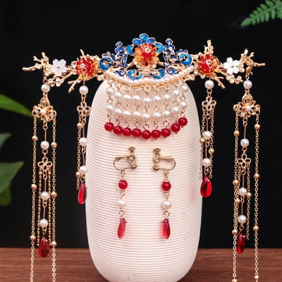 Qfdian Party gifts hot sale new Luxury Fashion Bride Chinese style pearl tassel hairpin haircomb earrings set Xiuhe clothing headdress Hanfu accessories Jewelry