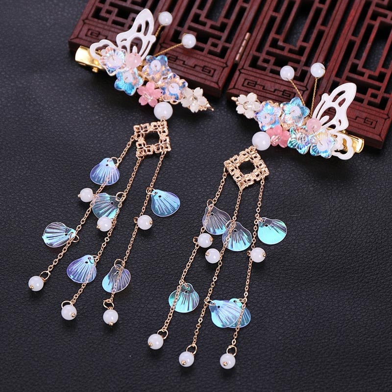 FORSEVEN Chinese Retro Headpieces Flower Long Tassels Pearl Hairpin Women Girl Hanfu Cosplay Hairgrips Hair Jewelry Accessories