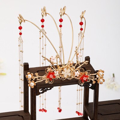 Qfdian Party gifts hot sale new Luxury Fashion Bride Chinese style pearl tassel hairpin haircomb earrings set Xiuhe clothing headdress Hanfu accessories Jewelry