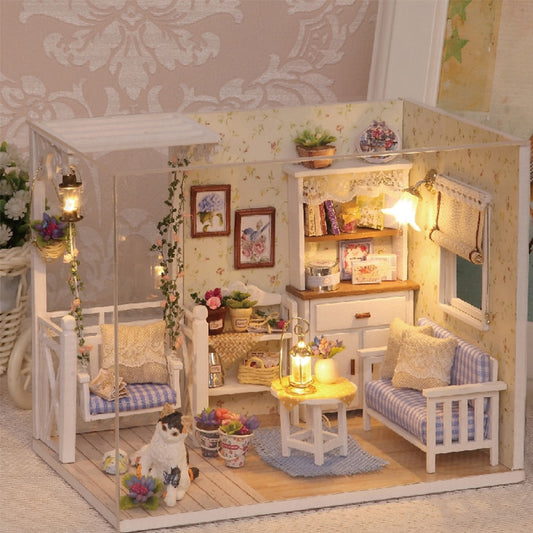 Qfdian  DIY Doll House Wooden Doll Houses Miniature Dollhouse Furniture Kit with LED Toys for Children Christmas Gift