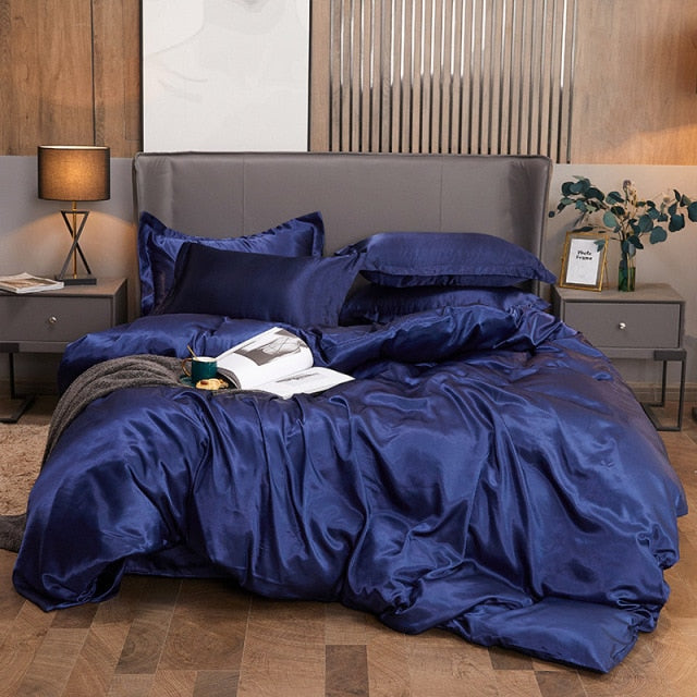 Qfdian Cozy apartment aesthetic Solid Color Satin Washed Silk Luxury Bedding Set Adult Quilt Duvet Cover Sets King Size With Pillowcase Double Queen Bed Linens