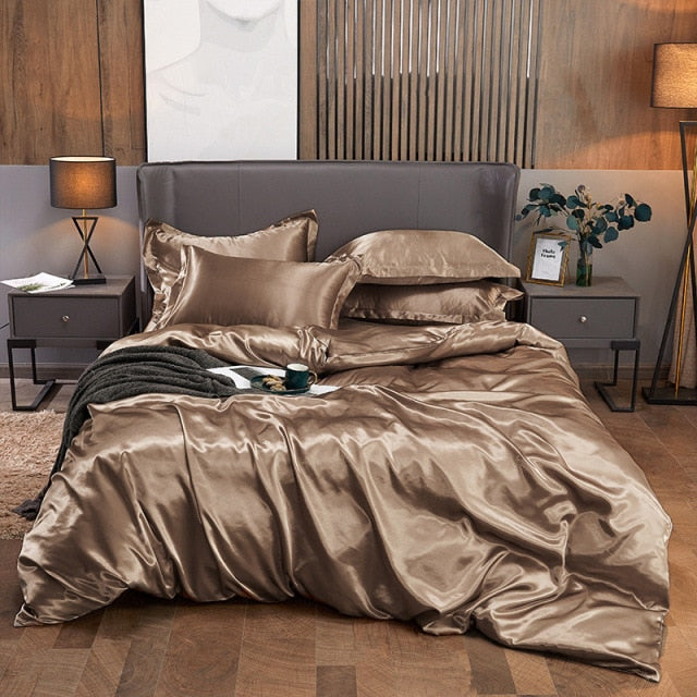 Qfdian Cozy apartment aesthetic Solid Color Satin Washed Silk Luxury Bedding Set Adult Quilt Duvet Cover Sets King Size With Pillowcase Double Queen Bed Linens