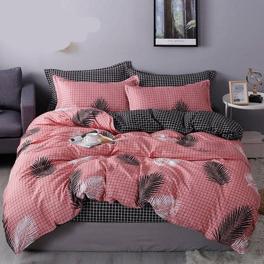 Qfdian Cozy apartment aesthetic Nordic Bedding Set Leaf Printed Bed Linen Sheet Plaid Duvet Cover 240x220 Single Double Queen King Quilt Covers Sets Bedclothes