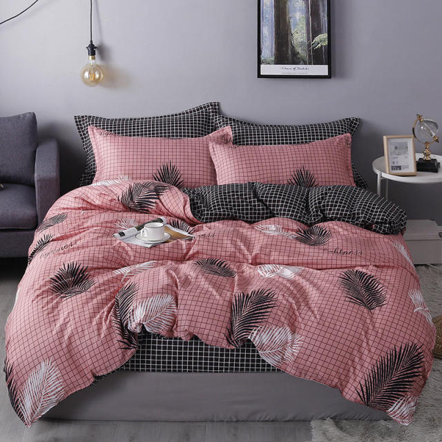 Qfdian Cozy apartment aesthetic Nordic Bedding Set Leaf Printed Bed Linen Sheet Plaid Duvet Cover 240x220 Single Double Queen King Quilt Covers Sets Bedclothes
