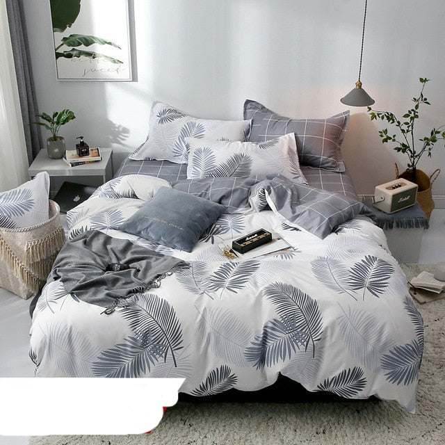 Qfdian Cozy apartment aesthetic Nordic Bedding Set Leaf Printed Bed Linen Sheet Plaid Duvet Cover 240x220 Single Double Queen King Quilt Covers Sets Bedclothes