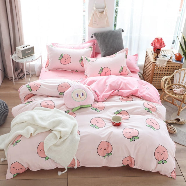 Qfdian Cozy apartment aesthetic Solstice Home Textile Girl Kids Bedding Set Honey Peach Pink Duvet Cover Sheet Pillowcase Woman Adult Beds Sheet King Queen Full