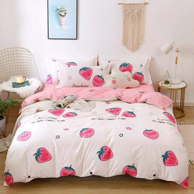 Qfdian Cozy apartment aesthetic Solstice Home Textile Girl Kids Bedding Set Honey Peach Pink Duvet Cover Sheet Pillowcase Woman Adult Beds Sheet King Queen Full