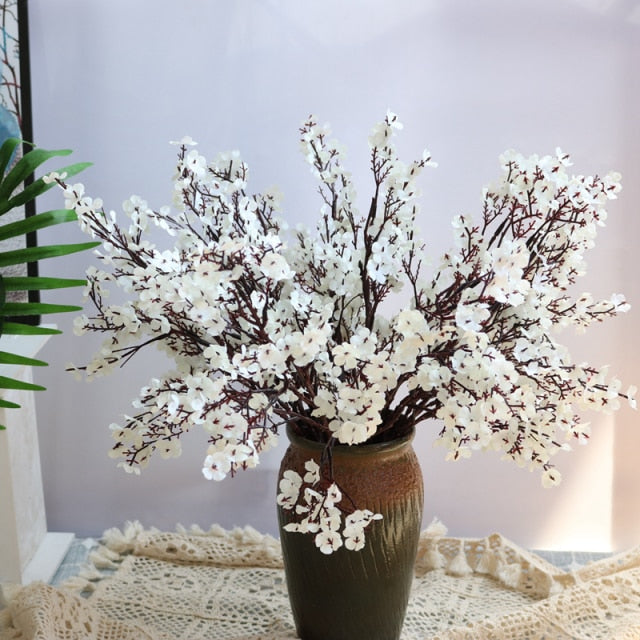 Qfdian New Year's gift White Artificial Flowers Cherry Blossoms Gypsophila Fake Plants DIY Wedding Bouquet Vases for Home Decor Faux Christmas Branch