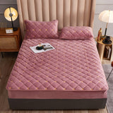 Qfdian Cozy apartment aesthetic Embroidery Coral Fleece Mattress Protector Fitted Sheet Style Cover for Mattress Solid Color Quilted Thick Soft Pad for Bed