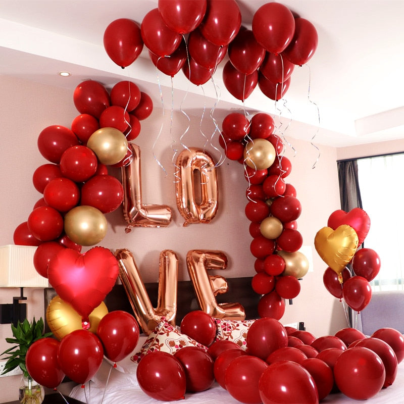 Qfdian valentines day decorations for the home 18inch Metallic Red Heart Ruby Agate Red Balloons Wedding Background Room Decoration Love Letter Balloon Valentines Decor