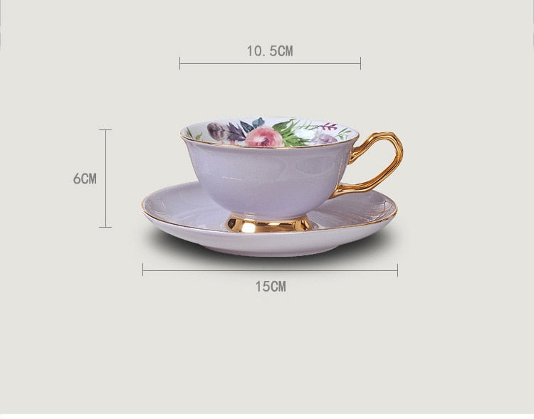 Qfdian valentines day gifts 1Piece Bone china Coffee Cups &amp;Saucer Set Exquisite Gold Rim Tea Water Cups Beautiful Flower Teacup Ceramic Kitchen Accessories