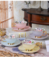 Qfdian valentines day gifts 1Piece Bone china Coffee Cups &amp;Saucer Set Exquisite Gold Rim Tea Water Cups Beautiful Flower Teacup Ceramic Kitchen Accessories