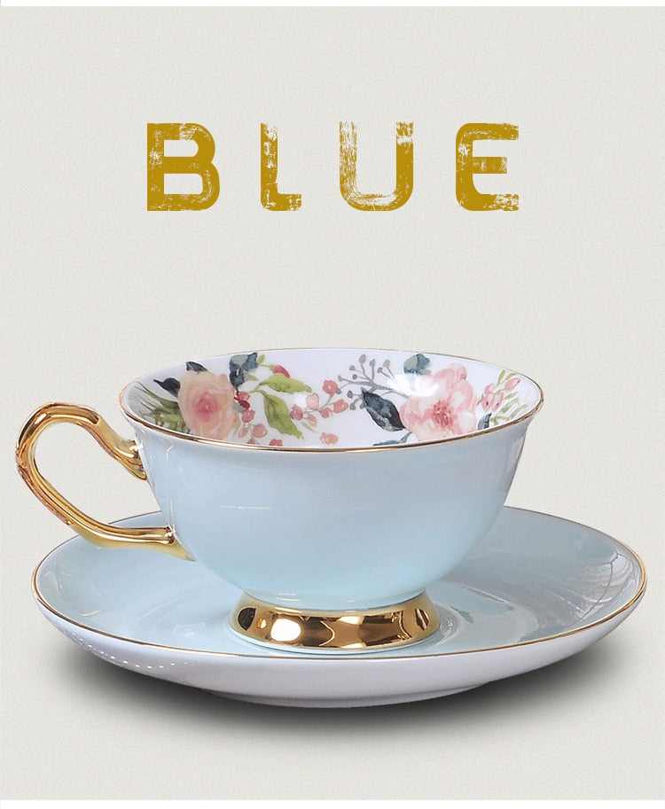 Qfdian valentines day gifts 1Piece Bone china Coffee Cups &amp;Saucer Set Exquisite Gold Rim Tea Water Cups Beautiful Flower Teacup Ceramic Kitchen Accessories