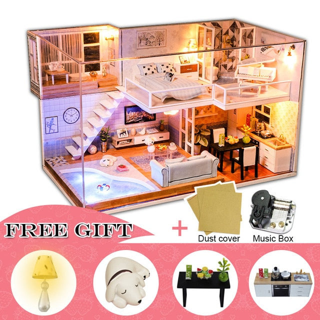 Qfdian DIY Doll House Wooden Doll Houses Miniature Dollhouse Furniture Kit with LED Toys for Children Christmas Birthday Gift