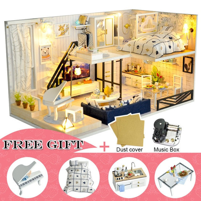 Qfdian DIY Doll House Wooden Doll Houses Miniature Dollhouse Furniture Kit with LED Toys for Children Christmas Birthday Gift