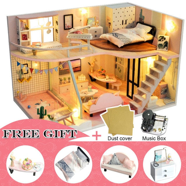 Qfdian DIY Doll House Wooden Doll Houses Miniature Dollhouse Furniture Kit with LED Toys for Children Christmas Birthday Gift