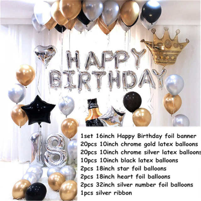 Qfdian 1set Gold Silver Metal Latex Balloons 16 18 21 30 40 50Years Number Happy Birthday Anniversary Party Decor Adult Balloon Globos