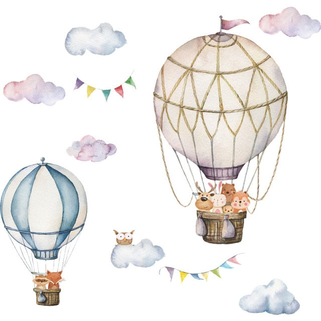 Qfdian Party decoration valentines day Cartoon Cute Animals Hot Air Balloon Wall Stickers for Kids Room Baby Nursery Room Wall Decals Bedroom Decoration Home Decor PVC