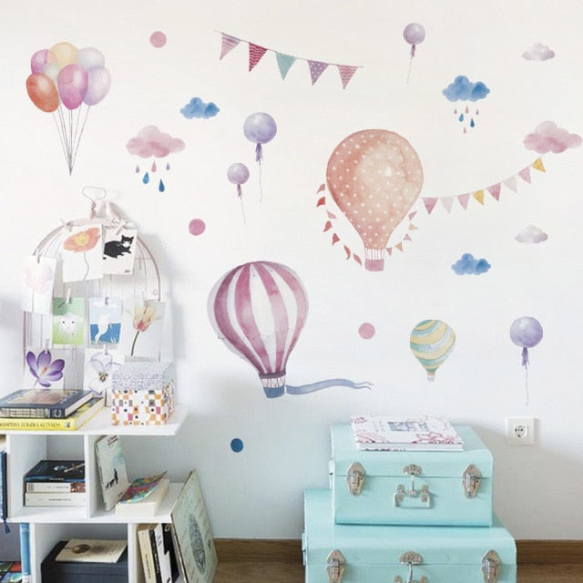 Qfdian Party decoration valentines day Cartoon Cute Animals Hot Air Balloon Wall Stickers for Kids Room Baby Nursery Room Wall Decals Bedroom Decoration Home Decor PVC