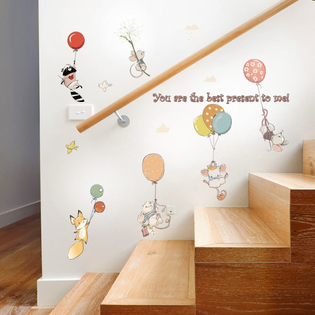 Qfdian Party decoration valentines day Cartoon Cute Animals Hot Air Balloon Wall Stickers for Kids Room Baby Nursery Room Wall Decals Bedroom Decoration Home Decor PVC