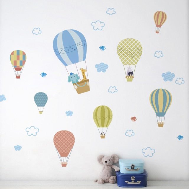 Qfdian Party decoration valentines day Cartoon Cute Animals Hot Air Balloon Wall Stickers for Kids Room Baby Nursery Room Wall Decals Bedroom Decoration Home Decor PVC