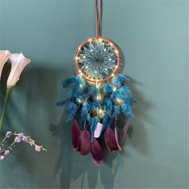 Qfdian  Christmas Beautiful Dream Catchers Led Handmade Feathers Dreamcatcher Night Light Wall Hanging Decoration Home Room Ornament