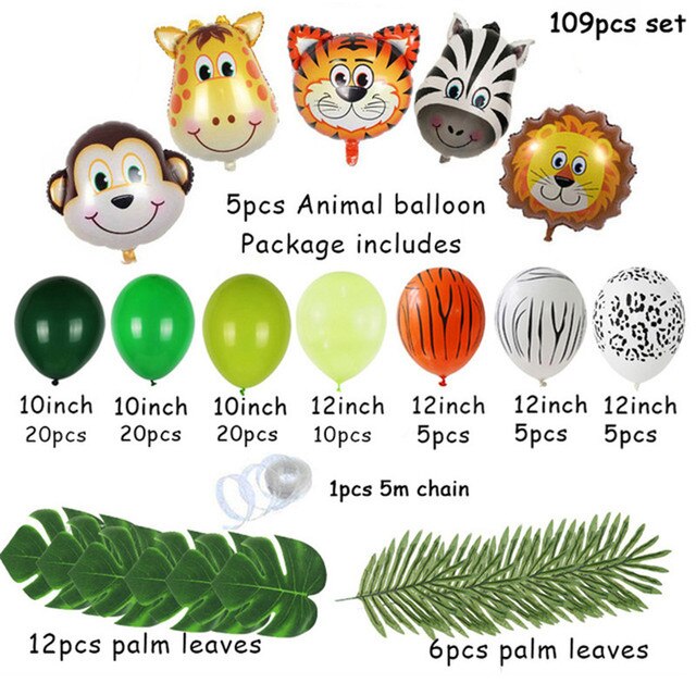 qfdian Jungle Safari Party Balloon Arch Kit Tropical Palm Leaf Green Latex Balloons Birthday Party Decoration Kids Wedding Party Supply