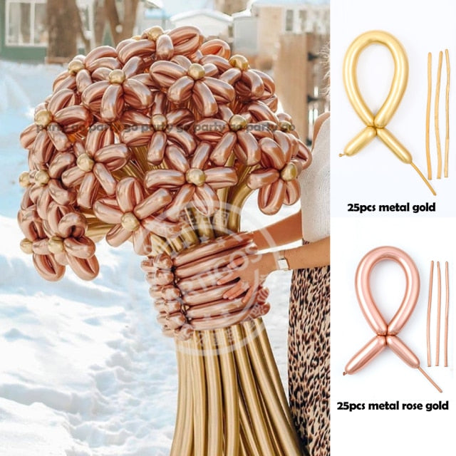 Qfdian valentines day decorations 50pcs Magic Long Metallic Balloons DIY Rose Gold Chrome Twisting Strip Ball Selfmade Flower Shape Valentines Gifts Wedding Decor