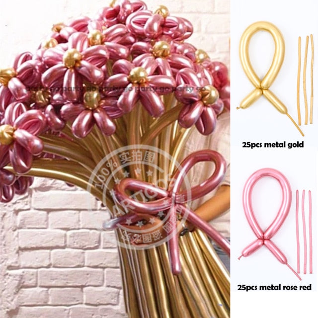 Qfdian valentines day decorations 50pcs Magic Long Metallic Balloons DIY Rose Gold Chrome Twisting Strip Ball Selfmade Flower Shape Valentines Gifts Wedding Decor