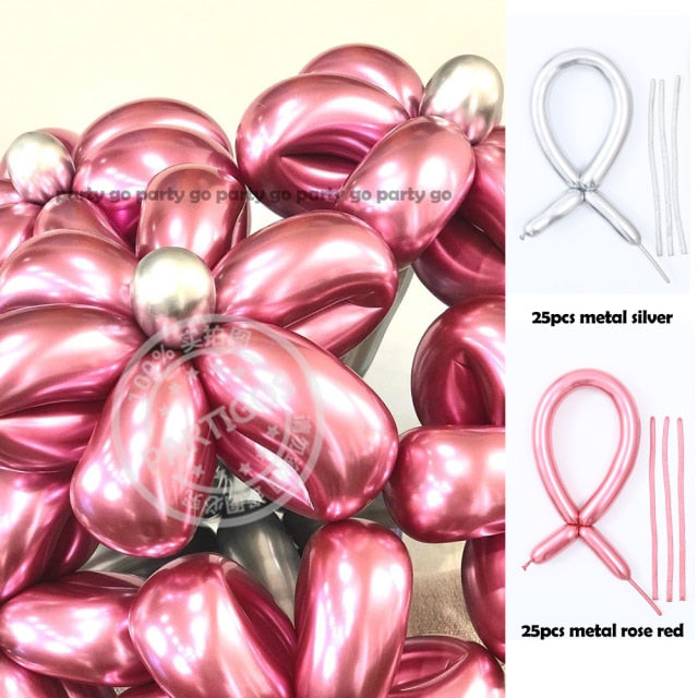 Qfdian valentines day decorations 50pcs Magic Long Metallic Balloons DIY Rose Gold Chrome Twisting Strip Ball Selfmade Flower Shape Valentines Gifts Wedding Decor