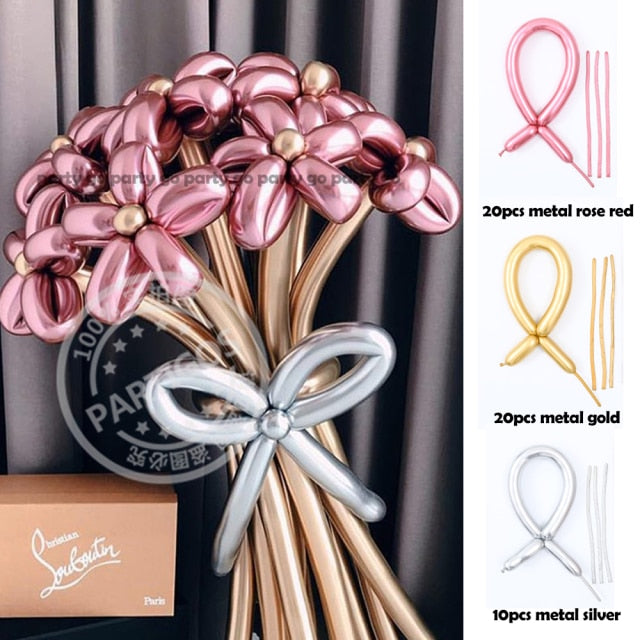 Qfdian valentines day decorations 50pcs Magic Long Metallic Balloons DIY Rose Gold Chrome Twisting Strip Ball Selfmade Flower Shape Valentines Gifts Wedding Decor