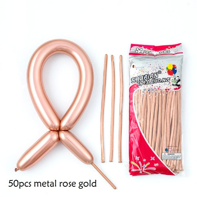 Qfdian valentines day decorations 50pcs Magic Long Metallic Balloons DIY Rose Gold Chrome Twisting Strip Ball Selfmade Flower Shape Valentines Gifts Wedding Decor