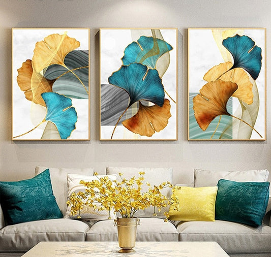 Qfdian Cozy apartment aesthetic valentines day decoration Blue Green Yellow Gold Leaf Plant Flower Canvas Poster Abstract Painting Wall Art Print Nordic Modern Pictures Living Room Decor