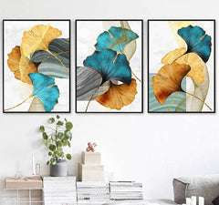 Qfdian Cozy apartment aesthetic valentines day decoration Blue Green Yellow Gold Leaf Plant Flower Canvas Poster Abstract Painting Wall Art Print Nordic Modern Pictures Living Room Decor