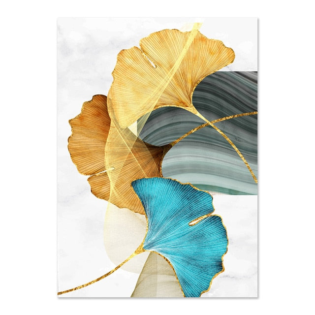 Qfdian Cozy apartment aesthetic valentines day decoration Blue Green Yellow Gold Leaf Plant Flower Canvas Poster Abstract Painting Wall Art Print Nordic Modern Pictures Living Room Decor