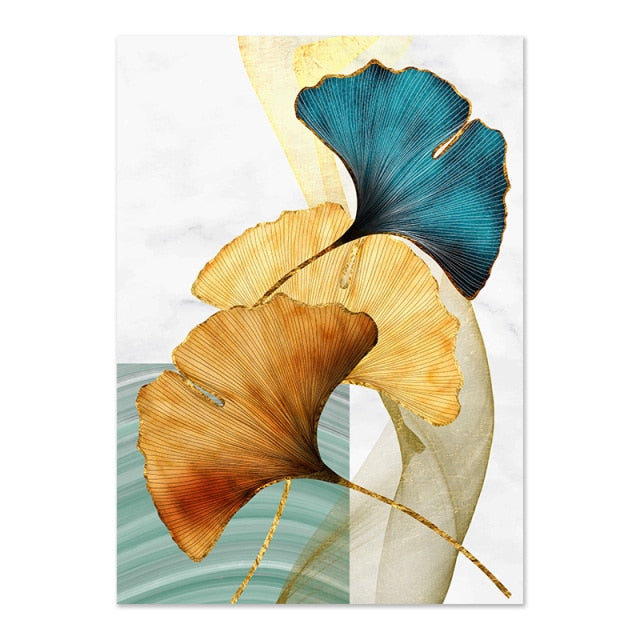 Qfdian Cozy apartment aesthetic valentines day decoration Blue Green Yellow Gold Leaf Plant Flower Canvas Poster Abstract Painting Wall Art Print Nordic Modern Pictures Living Room Decor