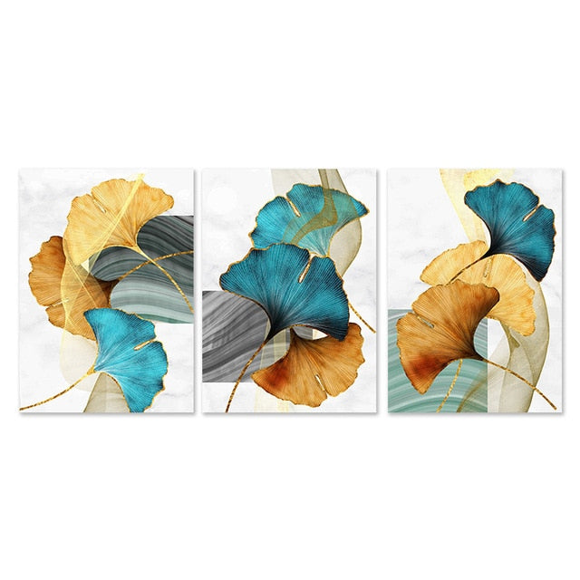 Qfdian Cozy apartment aesthetic valentines day decoration Blue Green Yellow Gold Leaf Plant Flower Canvas Poster Abstract Painting Wall Art Print Nordic Modern Pictures Living Room Decor