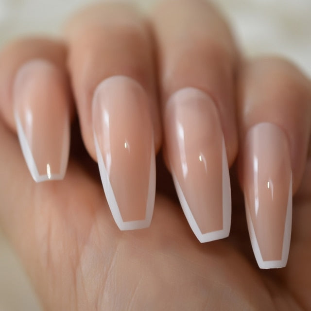 Qfdian valentines day gifts Romantic Pink Nude Fake Nails Long Coffin V Shape Nail Artificial Valentines Day 24pcs/sets French False Nails For Girlfriend