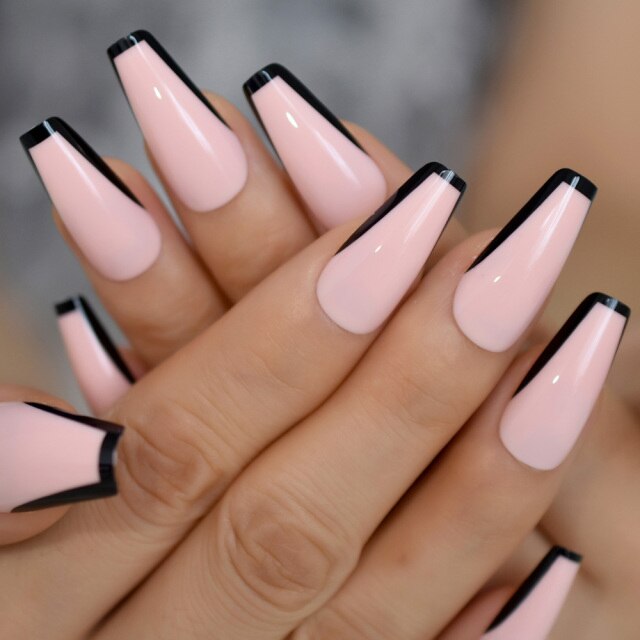 Qfdian valentines day gifts Romantic Pink Nude Fake Nails Long Coffin V Shape Nail Artificial Valentines Day 24pcs/sets French False Nails For Girlfriend