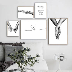 Qfdian New Year's gift Romantic Hand In Hand Canvas Painting Black White Wall Art Poster Print Nordic Fashion Picture Couples Lovers Room Decoration