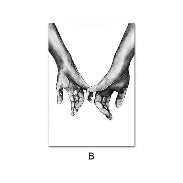 Qfdian New Year's gift Romantic Hand In Hand Canvas Painting Black White Wall Art Poster Print Nordic Fashion Picture Couples Lovers Room Decoration