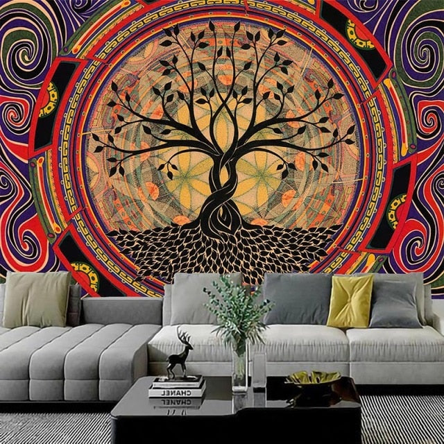 Qfdian Psychedelic Tree Tapestry  Mandala Wall Hanging Macrame Hippie Tapestries for Living Room Home Decor