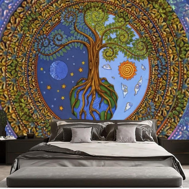 Qfdian Psychedelic Tree Tapestry  Mandala Wall Hanging Macrame Hippie Tapestries for Living Room Home Decor