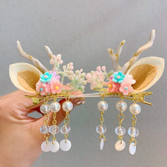 Qfdian Christmas decor ideas 2Pcs Chinese tradditonal style hanfu Christmas Deer Antlers Hair Clips Flowers Girls Women Hairpins with tassel Hair Accessories